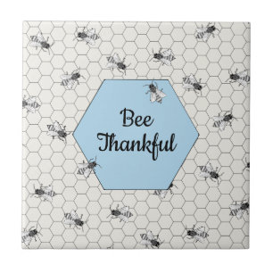 Bee Thankful Quote Cornflower Blue Tile