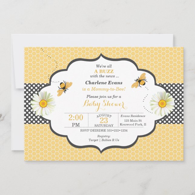 Bee Theme Honeycomb Gold & Grey Polka Dot Invitation (Front)