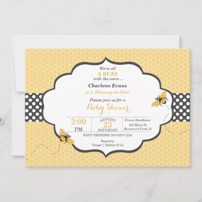 Bee Theme Honeycomb Gold & Grey Polka Dot Invitation (Front)