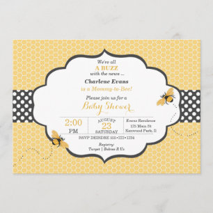 Bee Theme Honeycomb Gold & Grey Polka Dot Invitation
