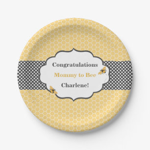 Bee Theme Honeycomb Gold & Grey Polka Dot Paper Plate