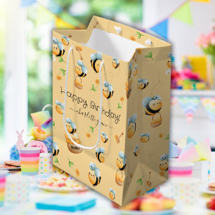 Bee-Themed Party Happy Birthday Custom Name Medium Gift Bag