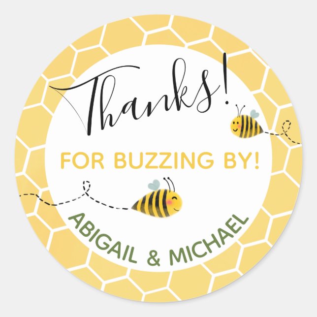 Bee-Themed 🐝 "Thanks For Buzzing By" Party Favour Classic Round Sticker (Front)