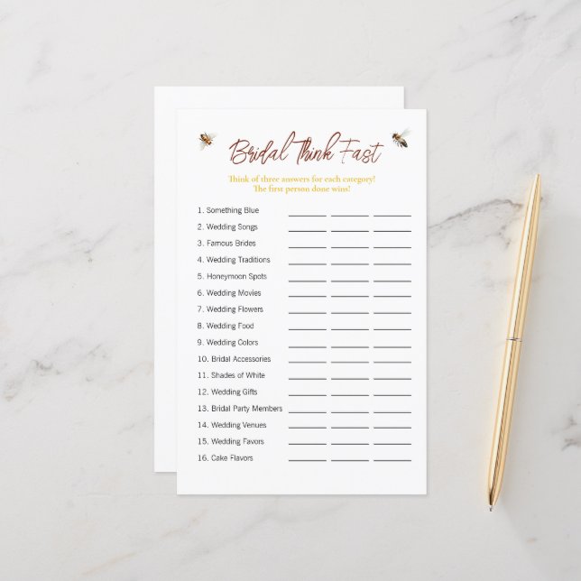 Bee "Think Fast" Bridal Shower Game (Front/Back In Situ)
