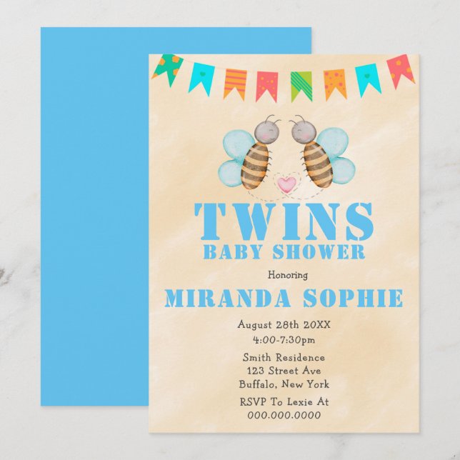Bee Twins Aquarelle Bébé Douche Invitations (Devant / Derrière)