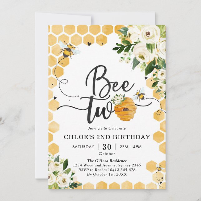 Bee Two Honey Bee 2nd Birthday Invitation (Front)