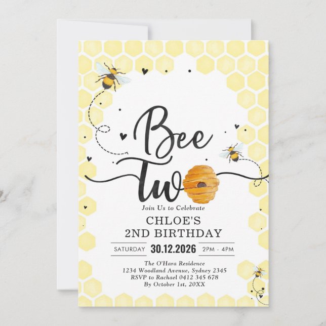 Bee Two Honey Bee 2nd Birthday Invitation (Front)