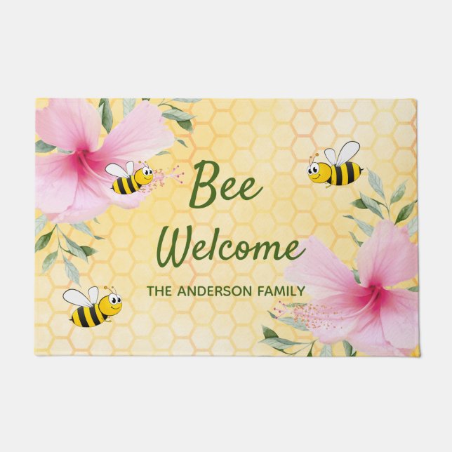 Bee Welcome bumble bees yellow honeycomb name Doormat (Front)