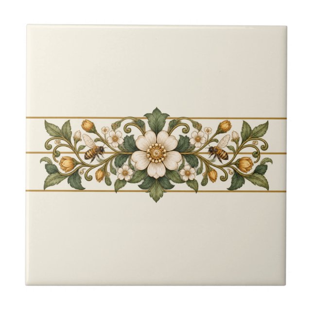 Bee Wildflower Custom Background Frieze Tile (Original tile design - warm ivory background.)