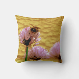 Bee With Chive Flowers Throw Pillow