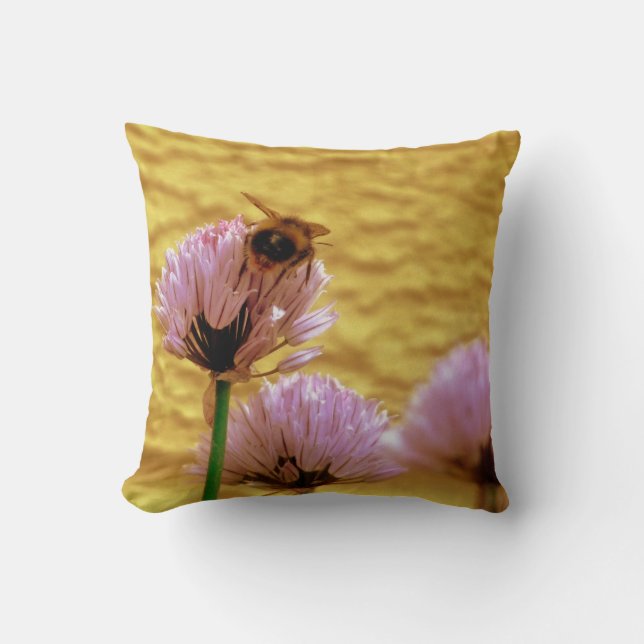 Bee With Chive Flowers Throw Pillow (Front)