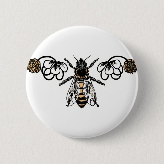bee with clover 2 inch round button (Front)