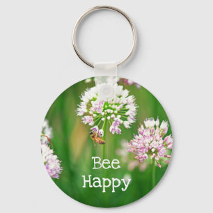 Bee with Purple Allium Garden Flower Motivational Keychain