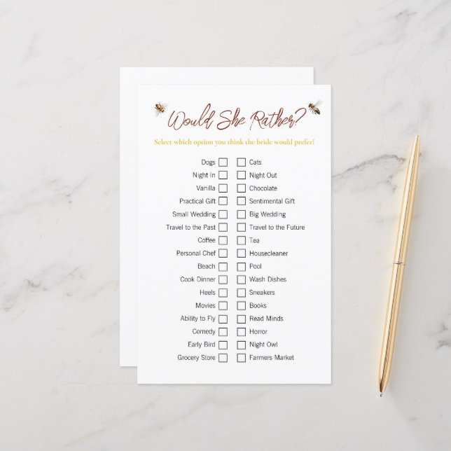 Bee "Would She Rather" Bridal Shower Game (Front/Back In Situ)