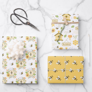 Bee Wrapping Paper, Honeybee Gift Wrap, Floral Bee Paper Sheet