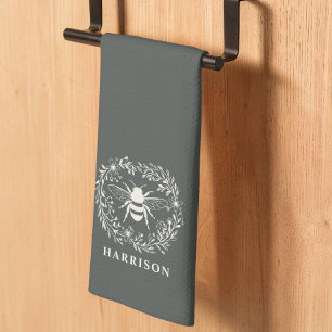 Bee Wreath Family Monogram Name Kitchen Towel