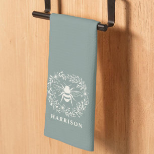 Bee Wreath Family Monogram Name Sage Green Kitchen Towel