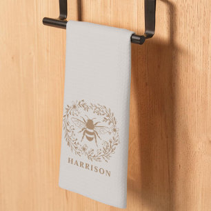 Bee Wreath Family Monogram Name Taupe Kitchen Towel