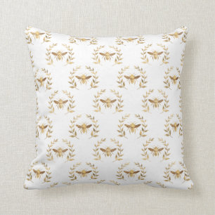 Bee wreath gold white fabric illustration throw pillow
