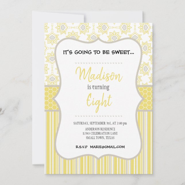 Bee Yellow and Grey Geometric Birthday Invitation (Front)