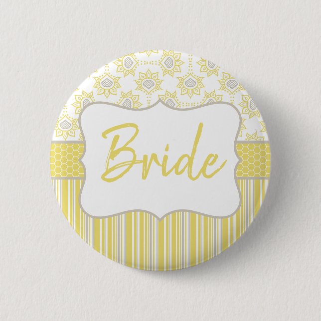 Bee Yellow and Grey Geometric Bride 2 Inch Round Button (Front)