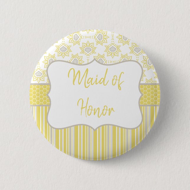 Bee Yellow and Grey Geometric Maid of Honour 2 Inch Round Button (Front)