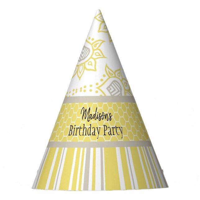 Bee Yellow and Grey Geometric Party Hat (Front)