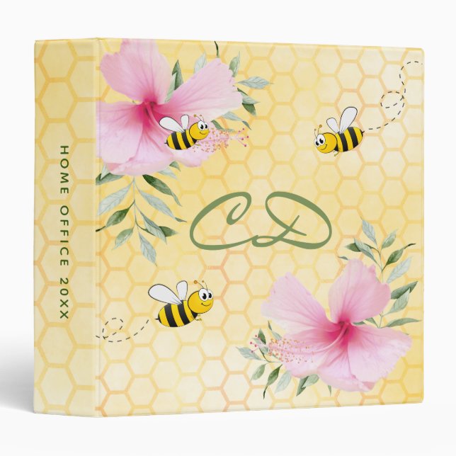 Bee yellow honeycomb pink flowers monogram binder (Front/Spine)