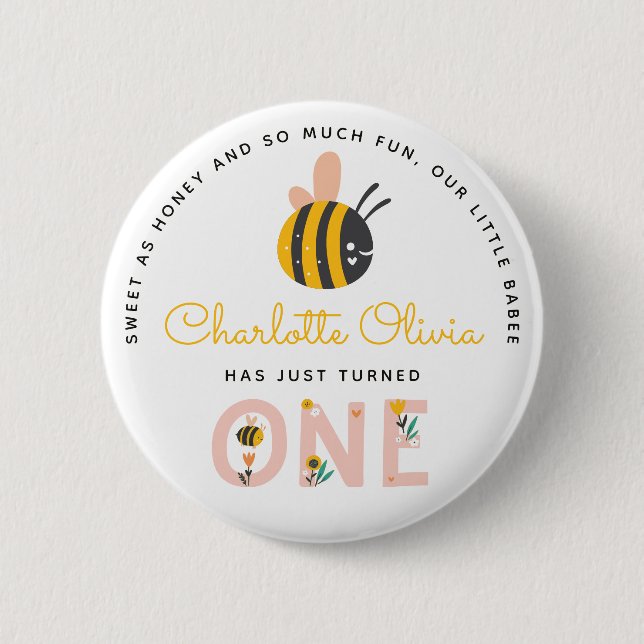 Bee Yellow & Pink Floral ONE Baby's 1st Birthday 2 Inch Round Button (Front)