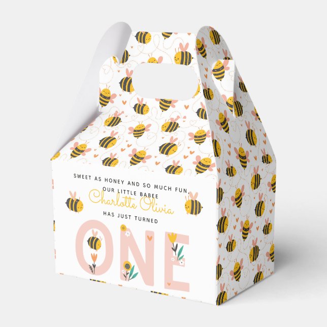 Bee Yellow & Pink Floral ONE Baby's 1st Birthday Favor Box (Front Side)