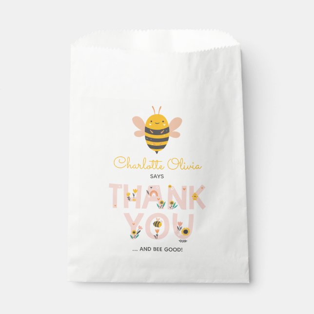 Bee Yellow & Pink Floral ONE Baby's 1st Birthday Favour Bag (Front)
