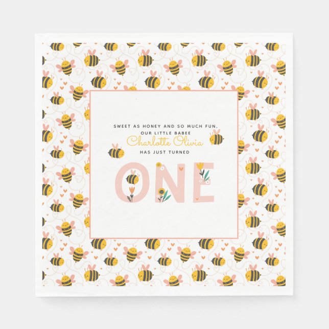 Bee Yellow & Pink Floral ONE Baby's 1st Birthday Napkin (Front)