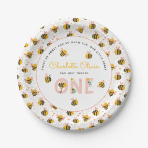 Bee Yellow & Pink Floral ONE Baby's 1st Birthday Paper Plate