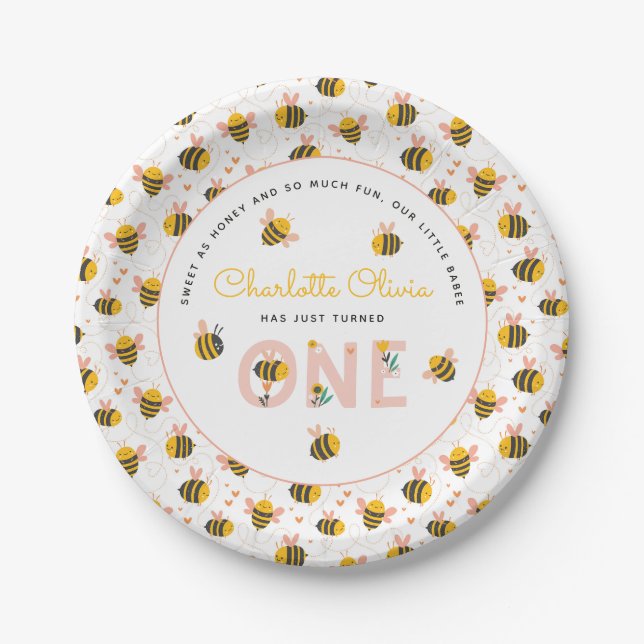 Bee Yellow & Pink Floral ONE Baby's 1st Birthday Paper Plate (Front)