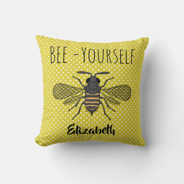 BEE Yourself Trendy Yellow Polkadots Pattern NAMED Throw Pillow (Front)