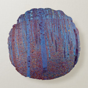 Beech Forest by Gustav Klimt, Vintage Art Nouveau Round Pillow