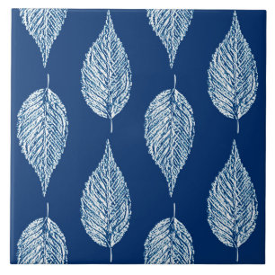 Beech Leaf Chalk Print, Cobalt Blue and White Tile