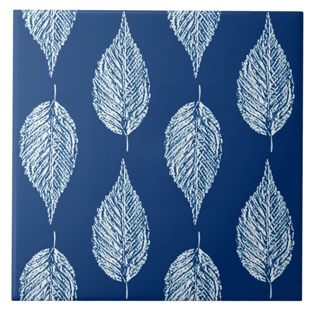 Beech Leaf Chalk Print, Cobalt Blue and White Tile (Front)