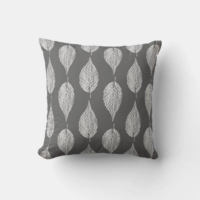 Beech Leaf Chalk Print, Grey / Grey and White Throw Pillow (Front)