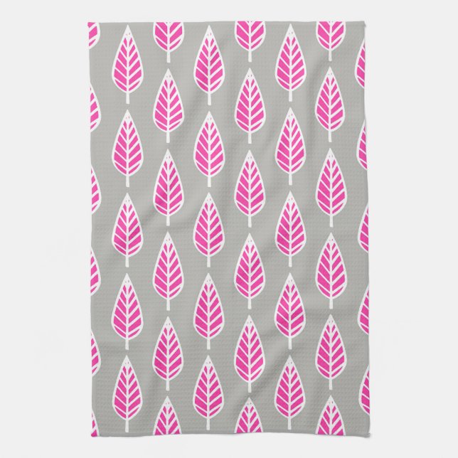 Beech leaf pattern - Fuchsia pink and silver Kitchen Towel (Vertical)