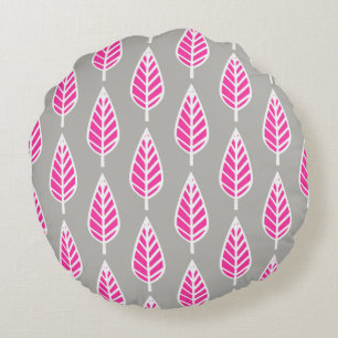 Beech leaf pattern - Fuchsia pink and silver Round Pillow