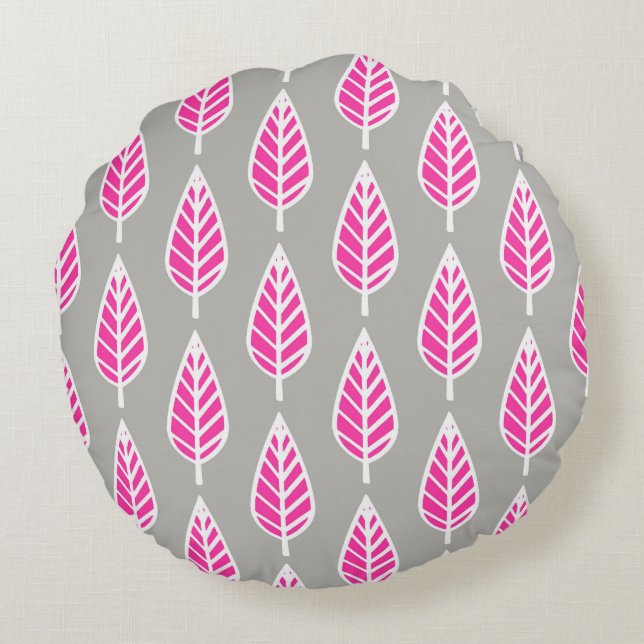 Beech leaf pattern - Fuchsia pink and silver Round Pillow (Back)