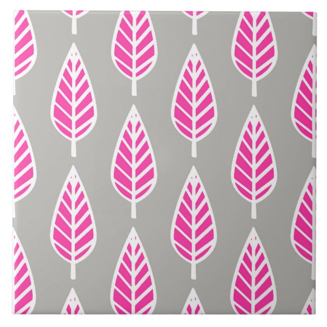 Beech leaf pattern - Fuchsia pink and silver Tile (Front)