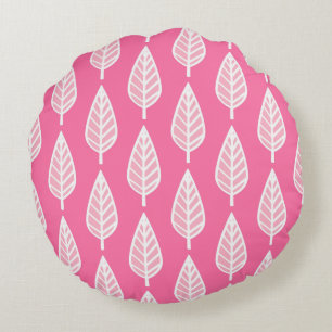 Beech leaf pattern - Hot pink and white Round Pillow