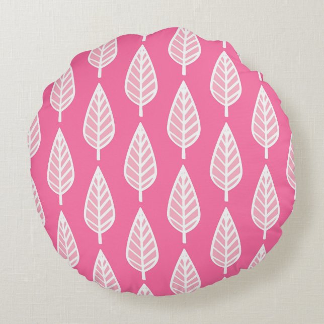 Beech leaf pattern - Hot pink and white Round Pillow (Back)