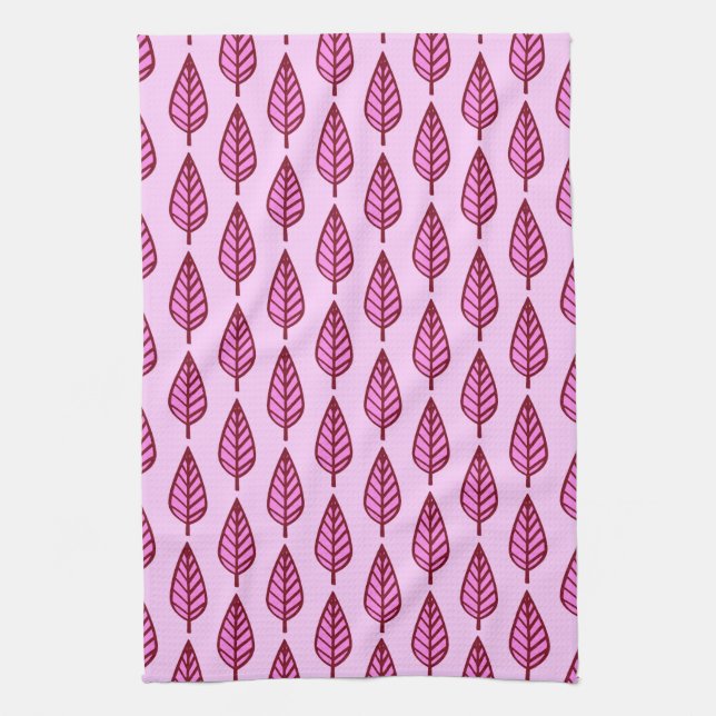 Beech leaf pattern - pink and burgundy kitchen towel (Vertical)