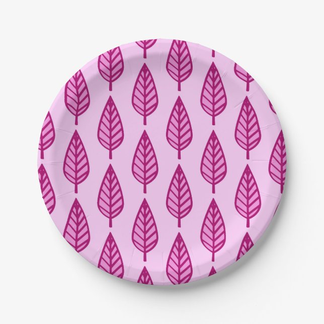 Beech leaf pattern - pink and burgundy paper plate (Front)