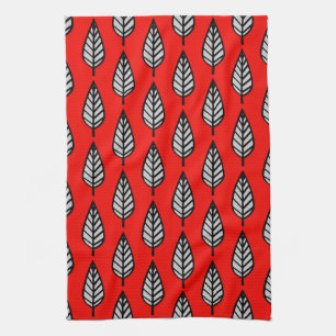 Beech leaf pattern - Red, black and grey / grey Kitchen Towel