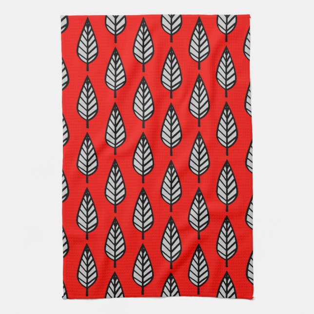 Beech leaf pattern - Red, black and grey / grey Kitchen Towel (Vertical)