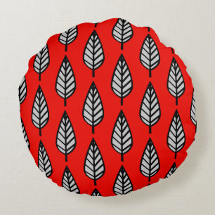 Beech leaf pattern - Red, black and grey / grey Round Pillow